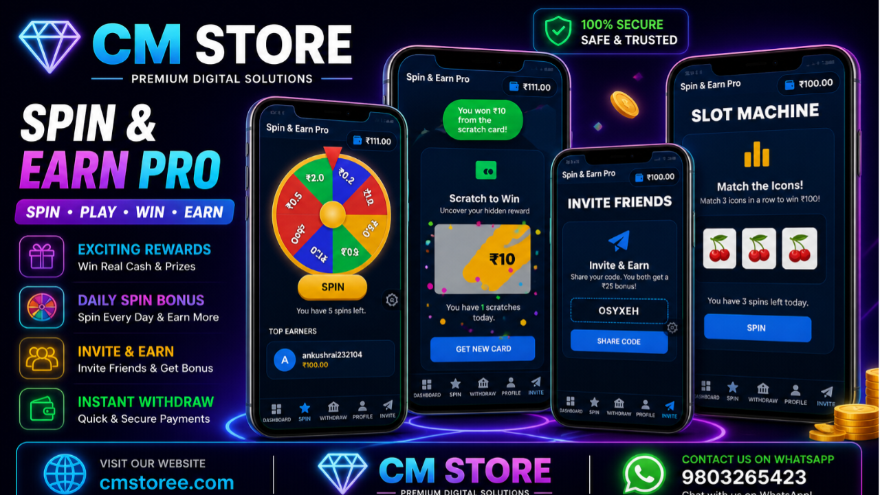 Spin & Earn Pro - रिवॉर्ड गेम ऐप और वेबसाइट Source Code (Admin Panel सहित)