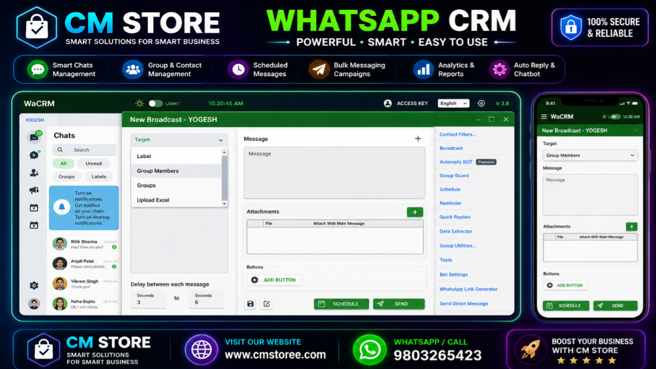 WhatsApp CRM App with Reminders, Bulk Messaging & Data Management | Full Source Code