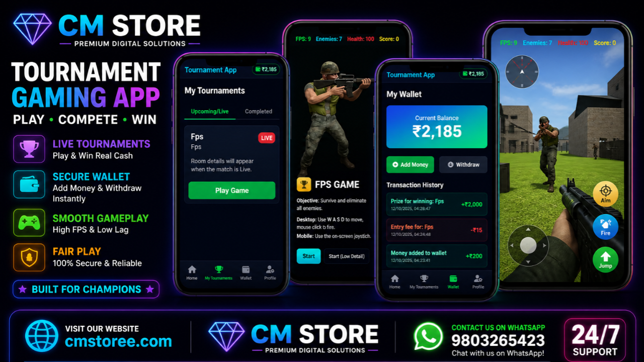 Real Money Gaming Tournament Platform (Admin & User Panel)